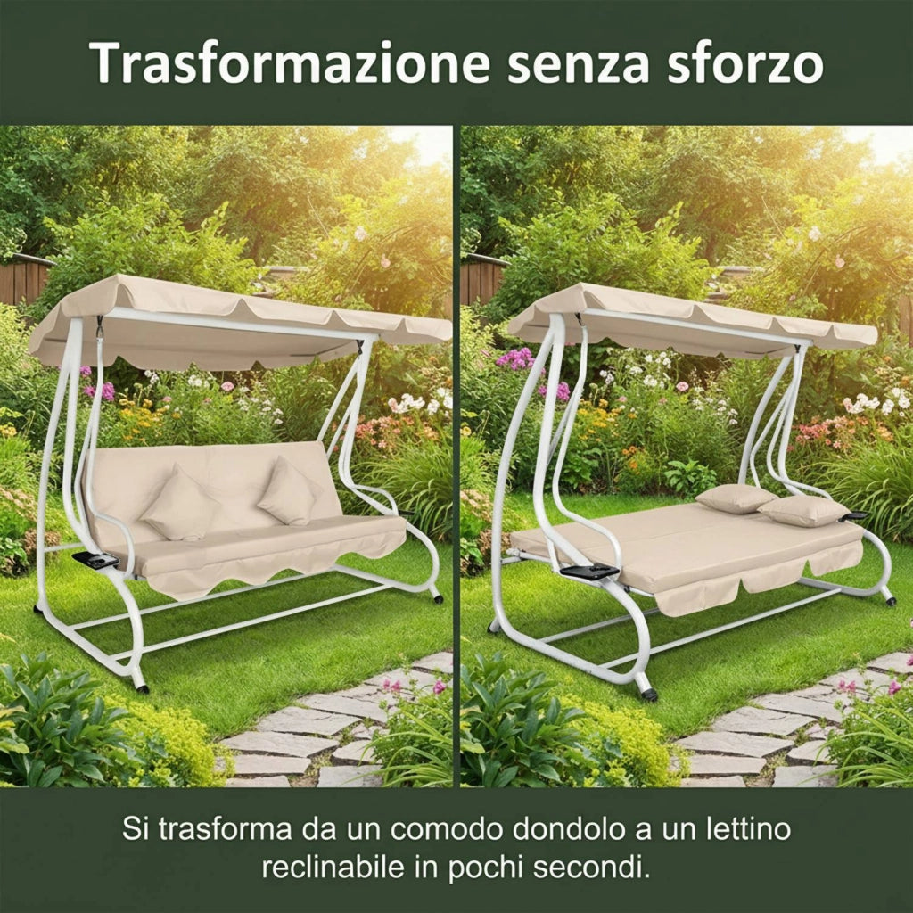 Marvin Harmony Dondolo Letto da Giardino 4 Posti con Tetto Parasole Struttura in Acciaio e Cuscino Imbottito 10 cm Altal