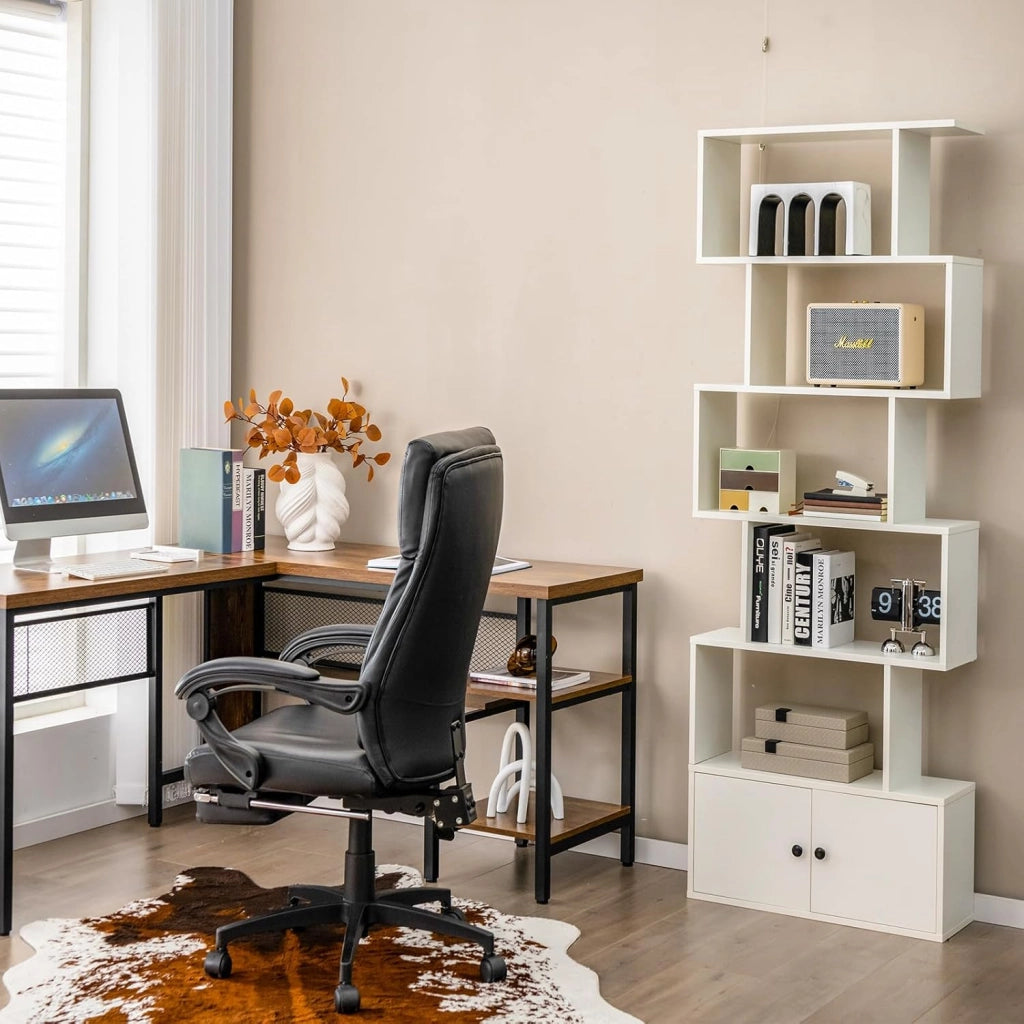Scaffale Libri, 6 Livelli Ripiani con Ante, Minimalismo, Scaffale in Legno Industriale, Organizzatore di Libri, per Salone, Studio e Ufficio, 70 x 23 x 183 cm (Bianco)