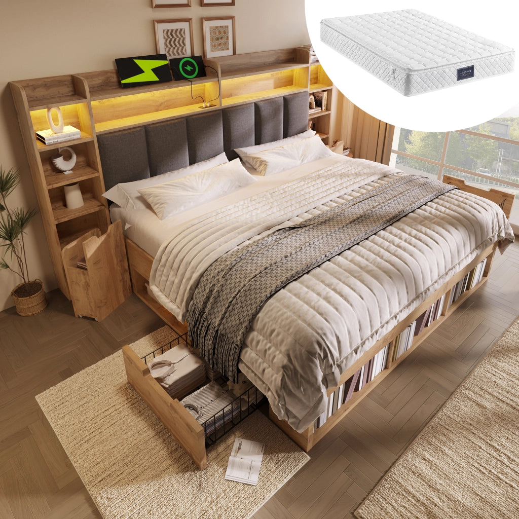 Letto Matrimoniale Contenitore con LED ¨C MINIMAL ¨C Rovere, Testiera Imbottita, 180x200