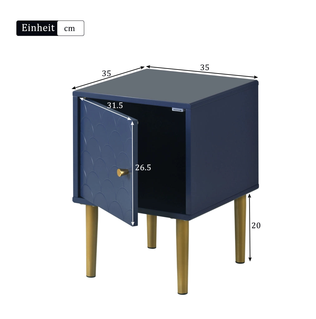 Comodino blu navy con ante a squame e gambe in metallo, 35 x 35 x 51 cm