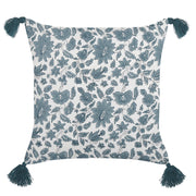 Cuscino decorativo cotone bianco e blu 45 x 45 cm motivo geometrico stampa a blocchi con nappe accessori stile boho