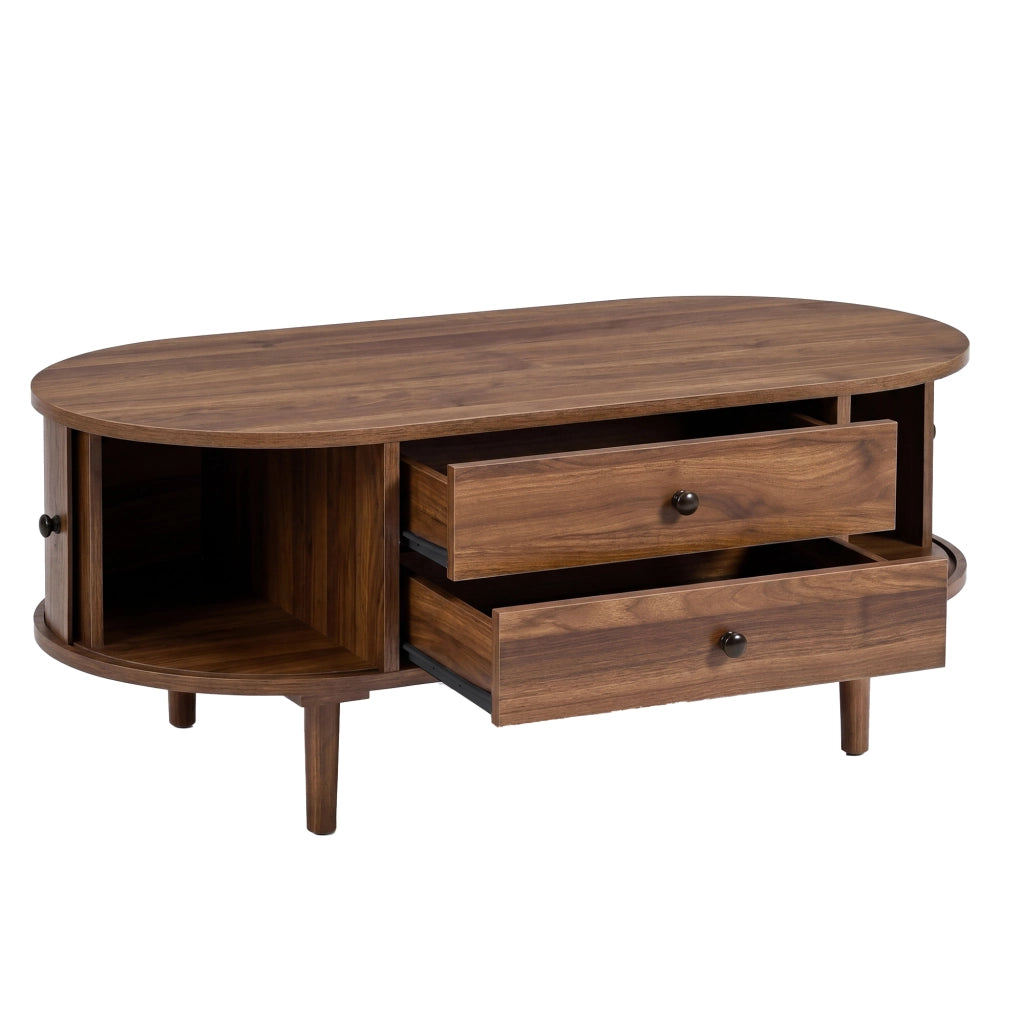 Tavolino ovale, finitura effetto legno, ante scorrevoli, 2 cassetti, in MDF, color noce