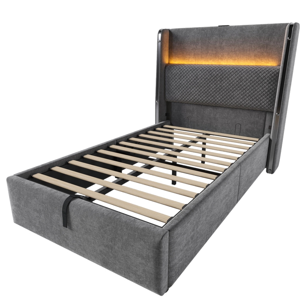 Letto singolo 90x200 cm con contenitore; testiera alta in lino grigio; LED e prese USB Type-C