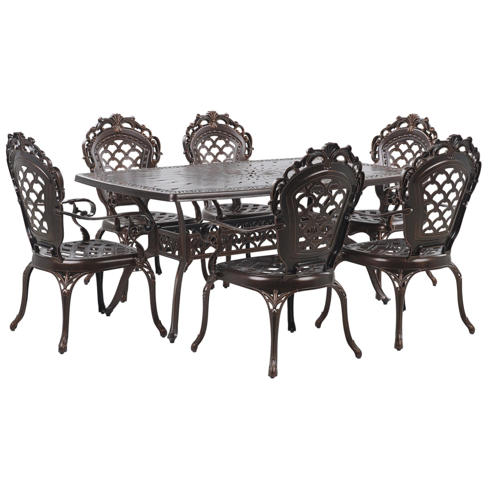 Set da pranzo da giardino Tavolo da esterno in alluminio marrone 6 sedie vintage