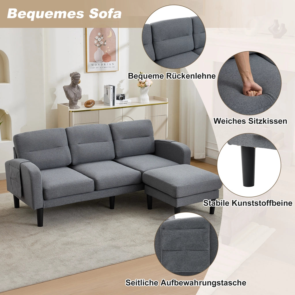 Divano Angolare Divano Modulare 3 Posti con Tasche Laterali e 10 Gambe in Tessuto Grigio 204 × 136 × 80 cm