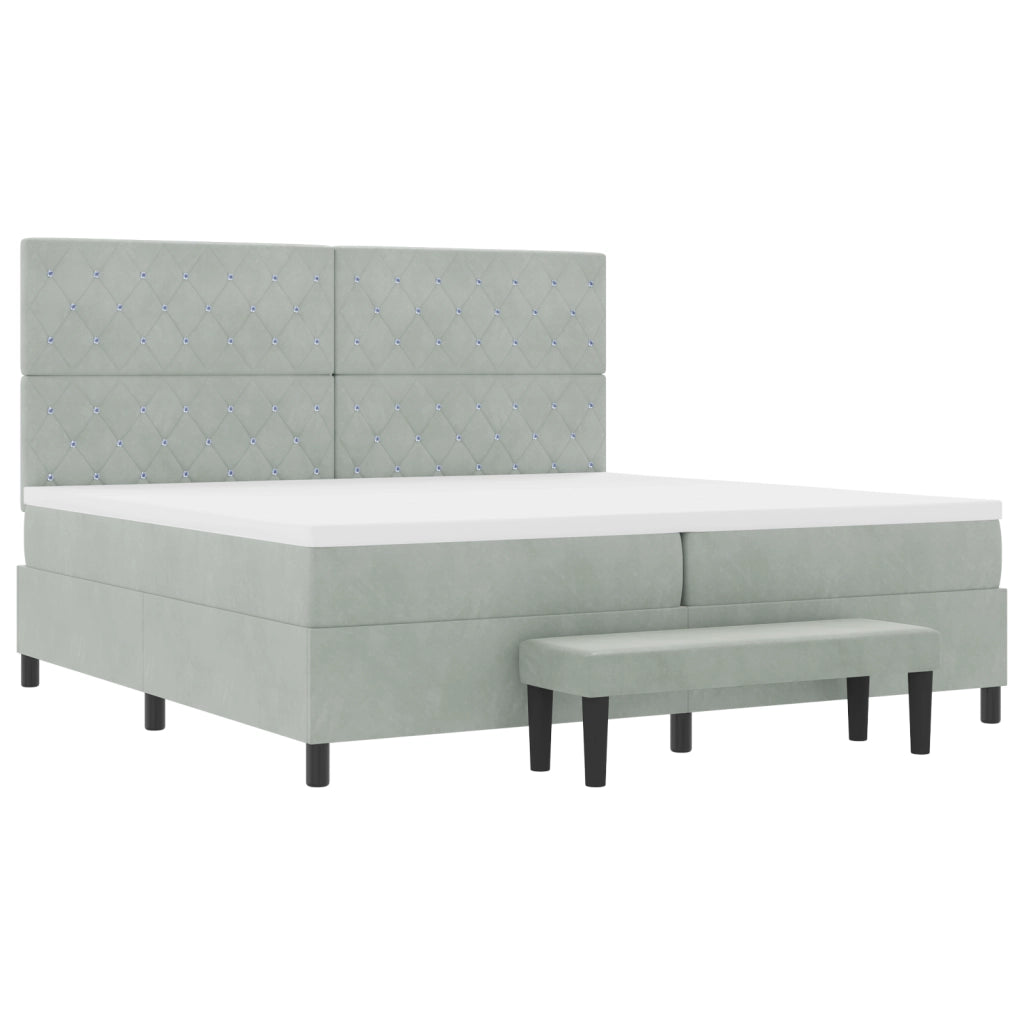 Letto Box Spring con Materasso e Panchetta Grigio Chiaro 200x200 cm in Velluto
