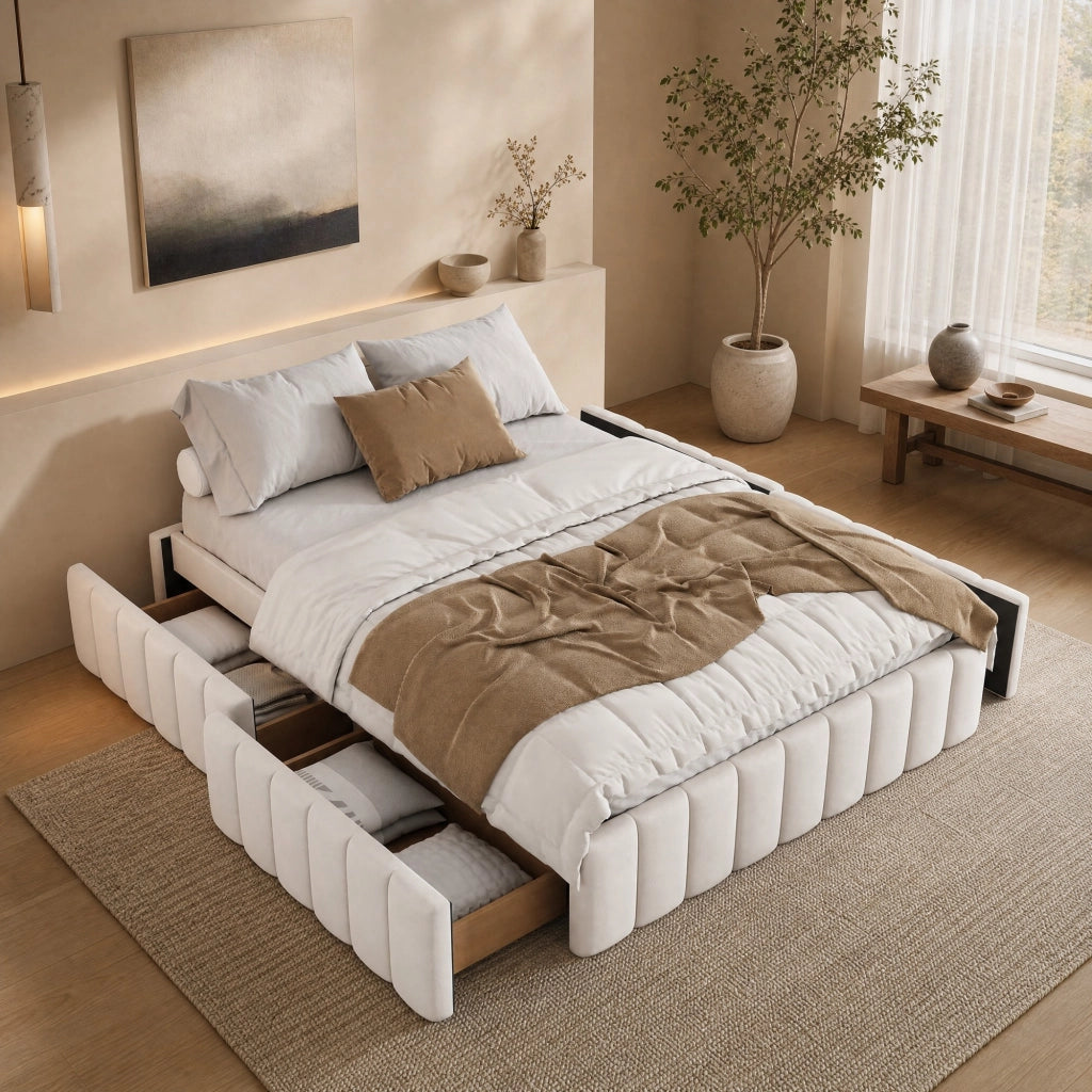 Letto imbottito 140x200 cm in velluto beige con 4 cassetti