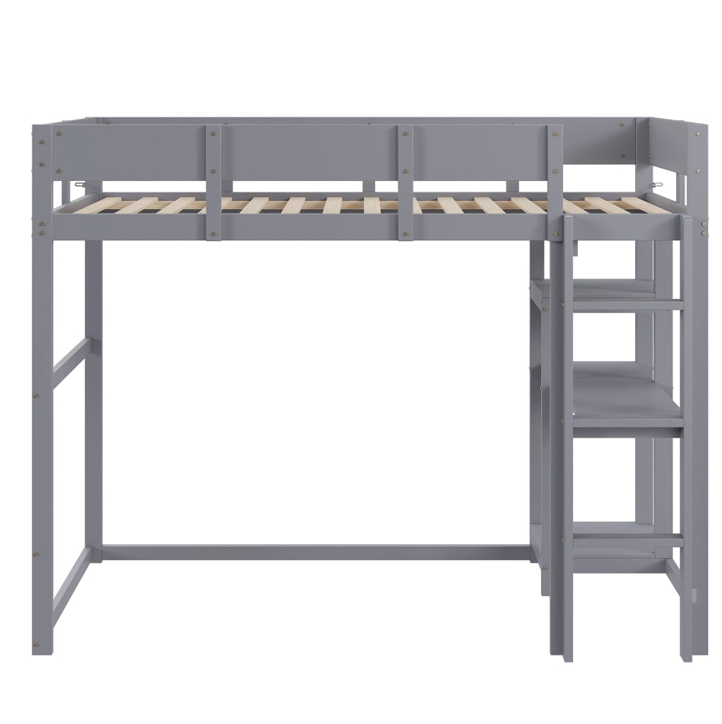 Letto a soppalco grigio 90x200 cm in pino massello con ripiano e rete