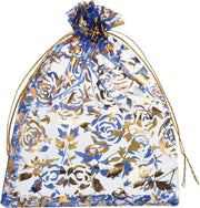 Organzetti regalo, 100 pezzi, 13 x 18 cm, sacchetti regalo, sacchetti decorativi, disegno fiorale, sacchetti a rete con cordino per matrimonio, festa, Natale, caramelle - blu oro.