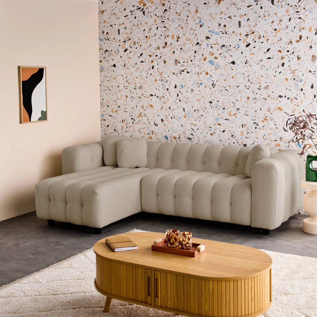 Divano angolare reversibile in tessuto bouclé testurizzato, beige