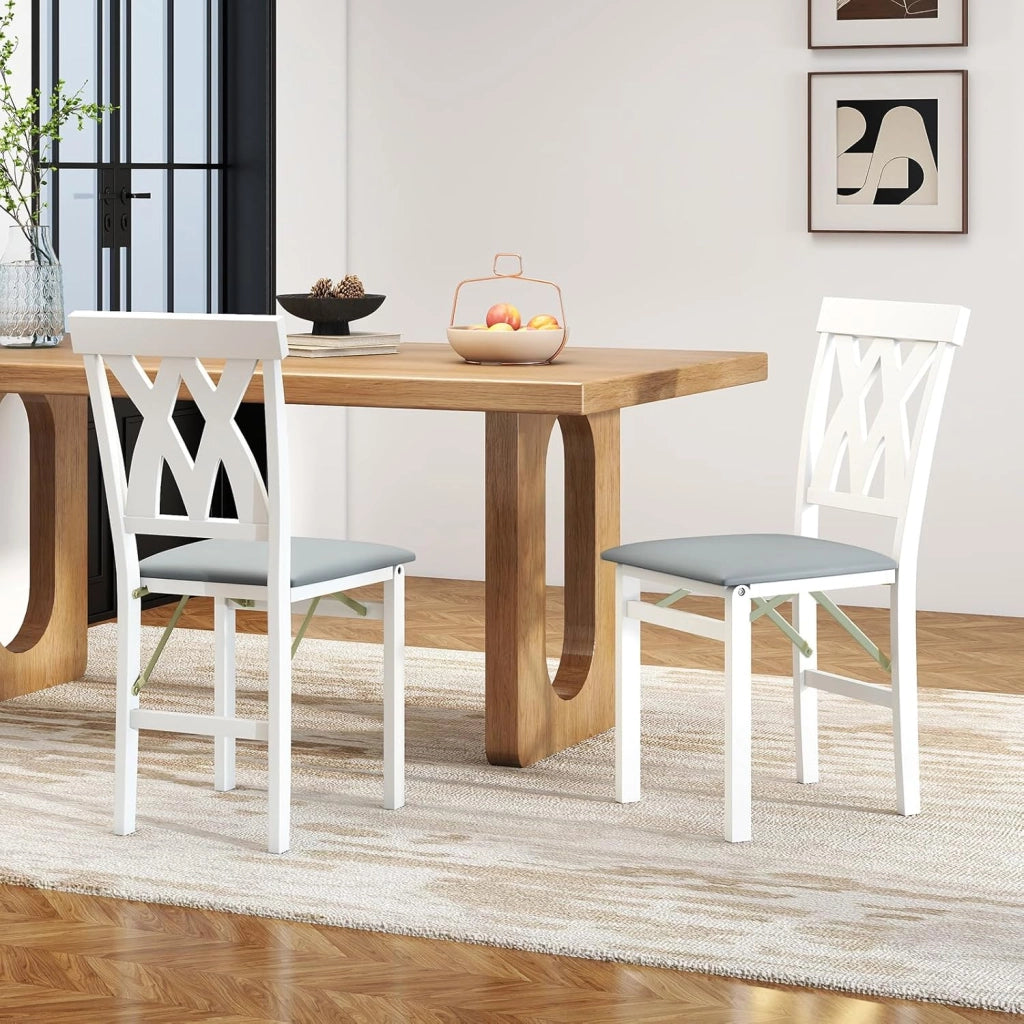 Set di 2 Sedie Pieghevoli, Sedie Ergonomiche di Gomma Senza Braccioli con Struttura in Legno di Gomma, Seduta Pieghevole da Pranzo con Schienale Curvo per Ristorante, Portata 150 kg (Bianco)