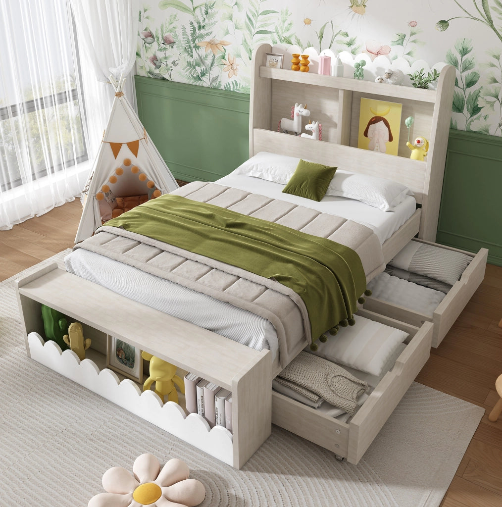 Letto singolo per bambini 90x190 cm con cassetti, ripiani e rete, bianco e rovere chiaro