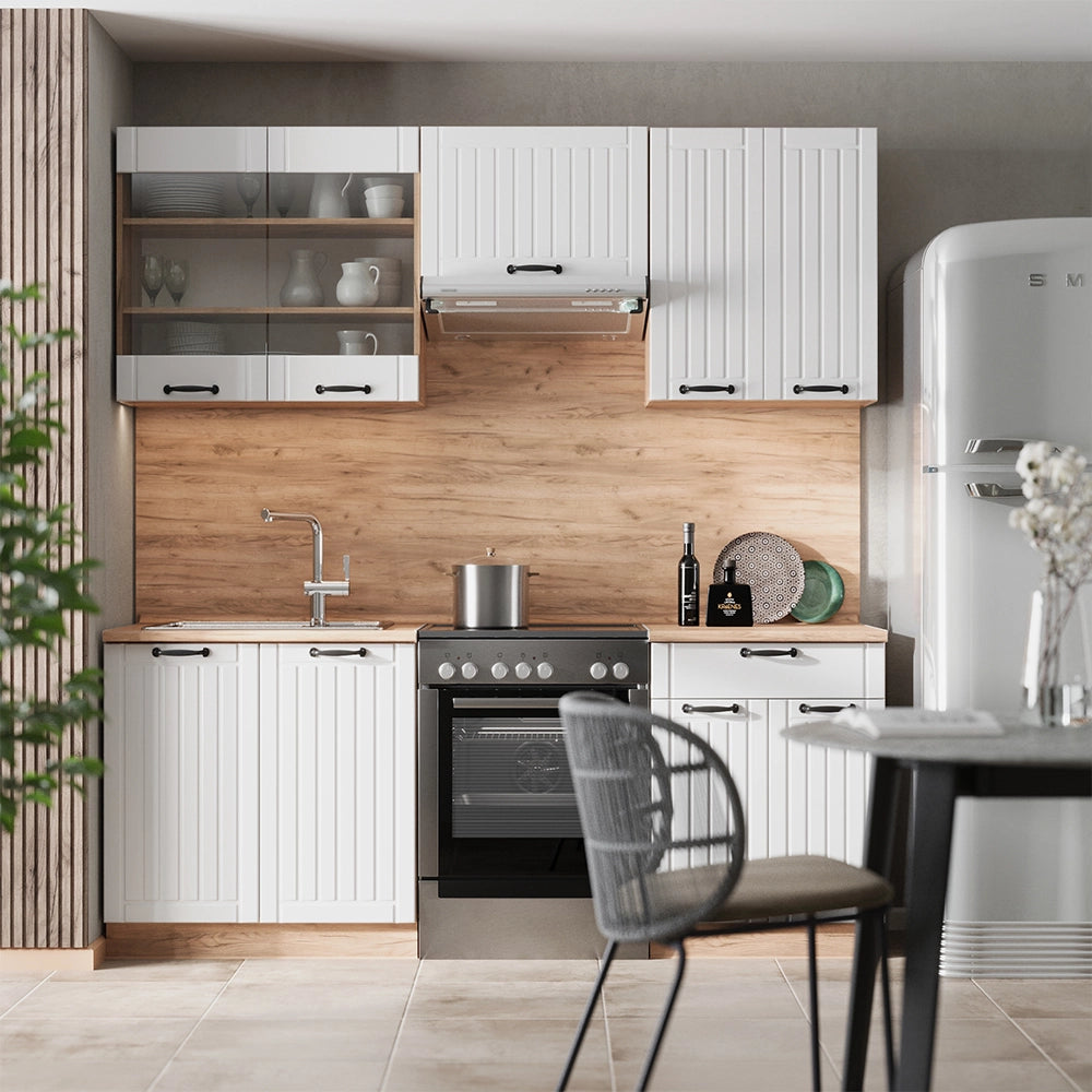 Cucina componibile Fame-Line Bianco rustico/Rovere dorato 200 cm, PL Marmo Vicco