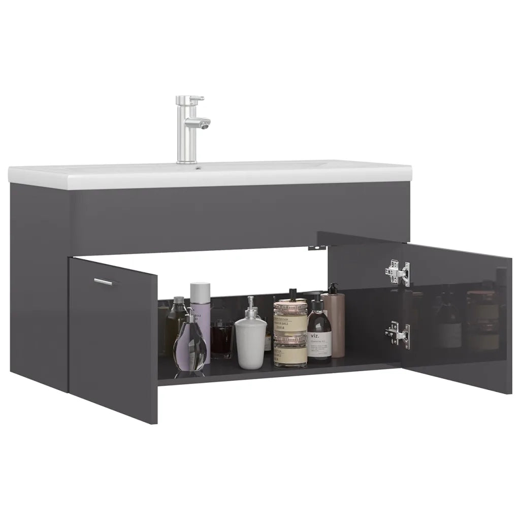 Mobile con Lavabo | Armadio Lavabo Integrato Grigio Lucido in Legno Multistrato