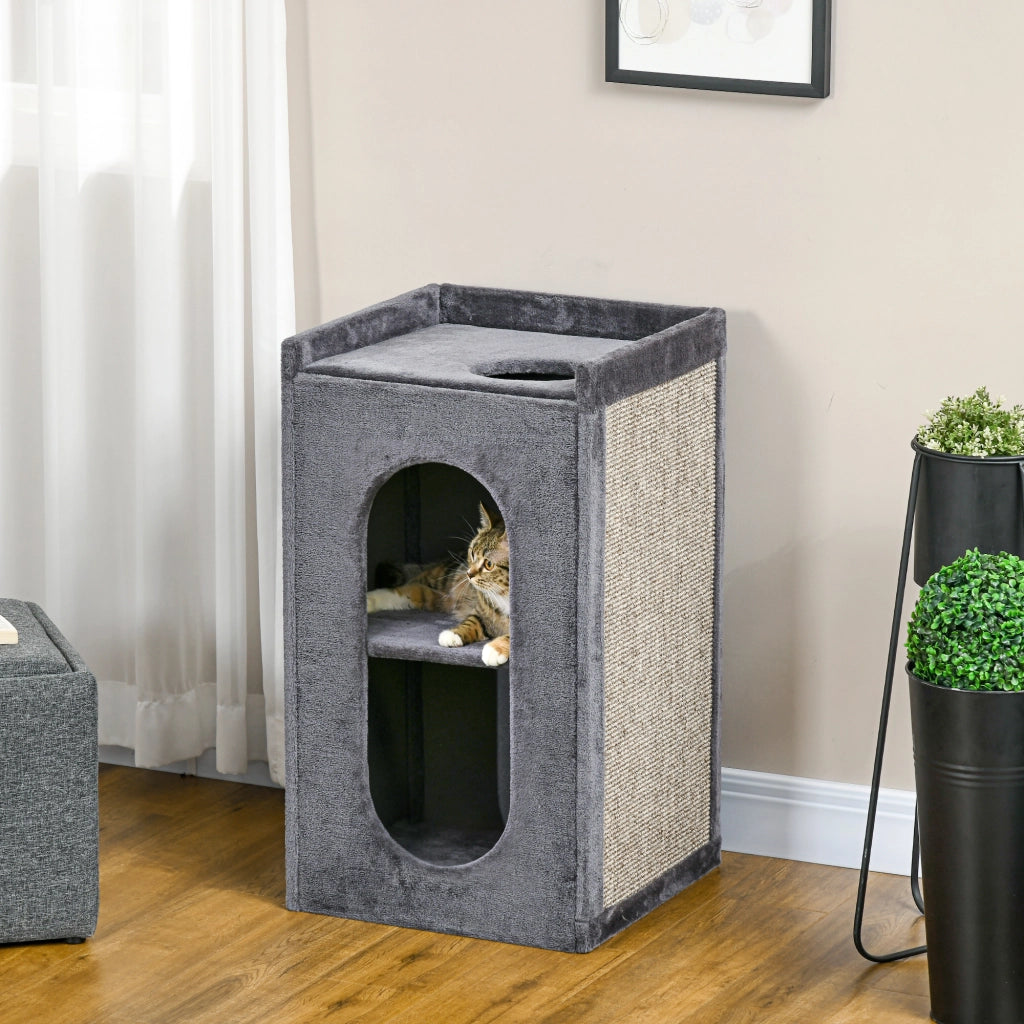 Tiragraffi a Torre con 2 Cucce per Gatti ¨C Xylo ¨C Sisal e Peluche Grigio Naturale