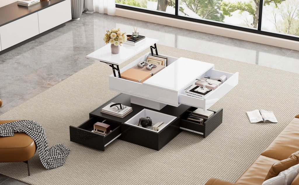 TAVOLO DA SALOTTO 70x70x40/55 cm Bianco Nero girevole 360° con 3 cassetti