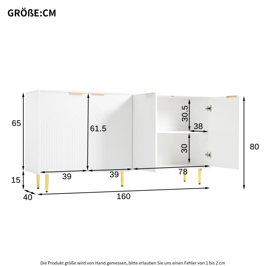 Credenza bianca 160x80x40 cm con 4 ante, ripiani regolabili e dettagli oro
