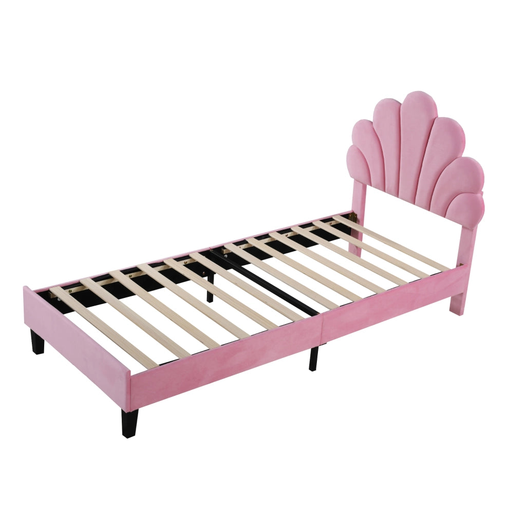 Letto Singolo 90×200 cm; 1 Posto con Testiera a Fiore; senza Materasso; Imbottito; Rosa