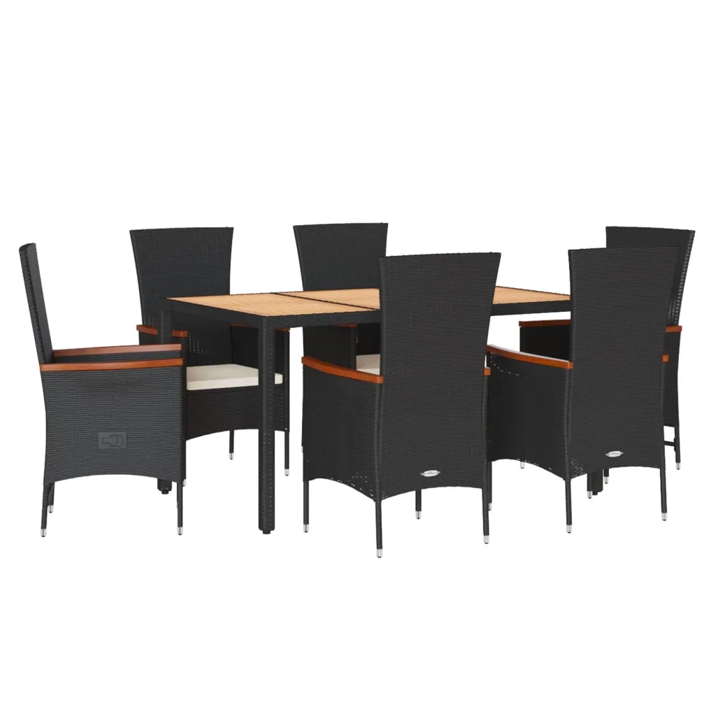 Set da Pranzo da Giardino 7 pz Nero con Cuscini in Polyrattan