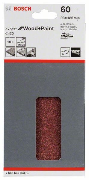 2608605303 -Set 10 Fogli abrasivi C430, 93 x 186 mm, P60 , EXPERT for LENGO+VERNICE