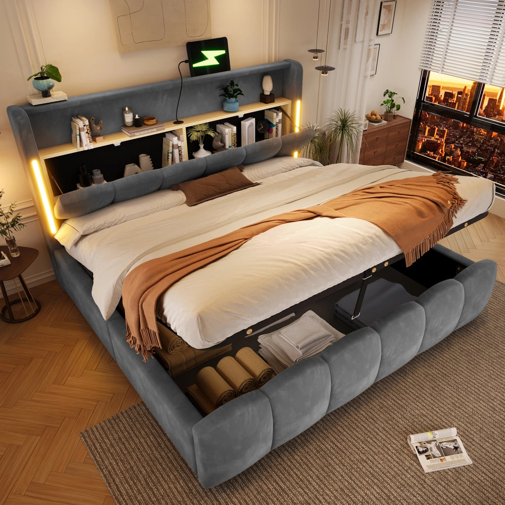 Letto imbottito 180x200 LED testiera stivaggio idraulico USB/Type-C velluto