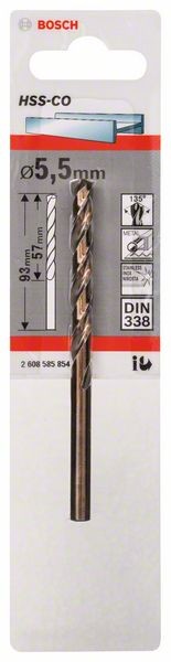 2608585854 - Punte per metallo HSS-Co, DIN 338 5,5 x 57 x 93 mm