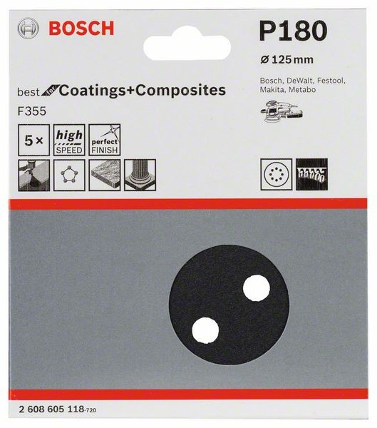 2608605118 - Foglio abrasivo F355, confezione da 5 pz. 125 mm, 180