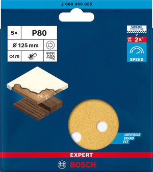 2608900805 - KIT 5 FOGLI BOSCH D.125mm P.80 8 FORI , EXPERT for LEGNO+VERNICE