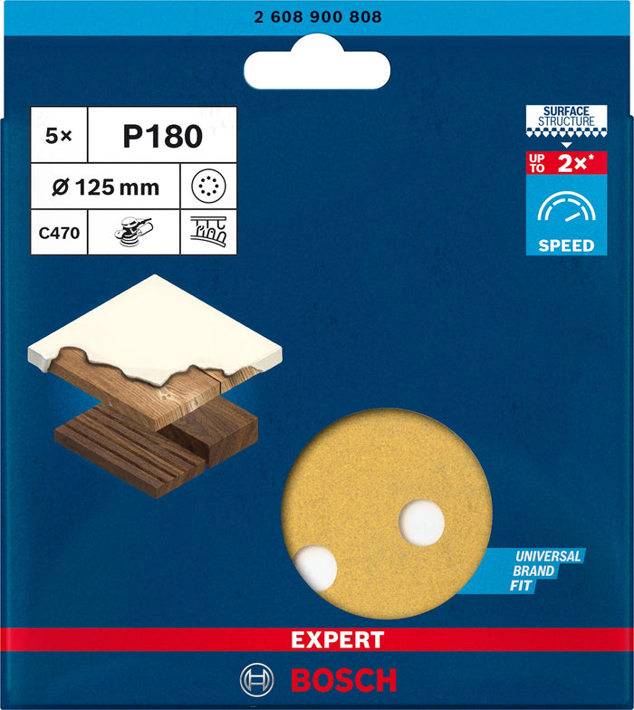 2608900808 - KIT 5 FOGLI BOSCH D.125mm P.180 8 FORI , EXPERT for LEGNO+VERNICE