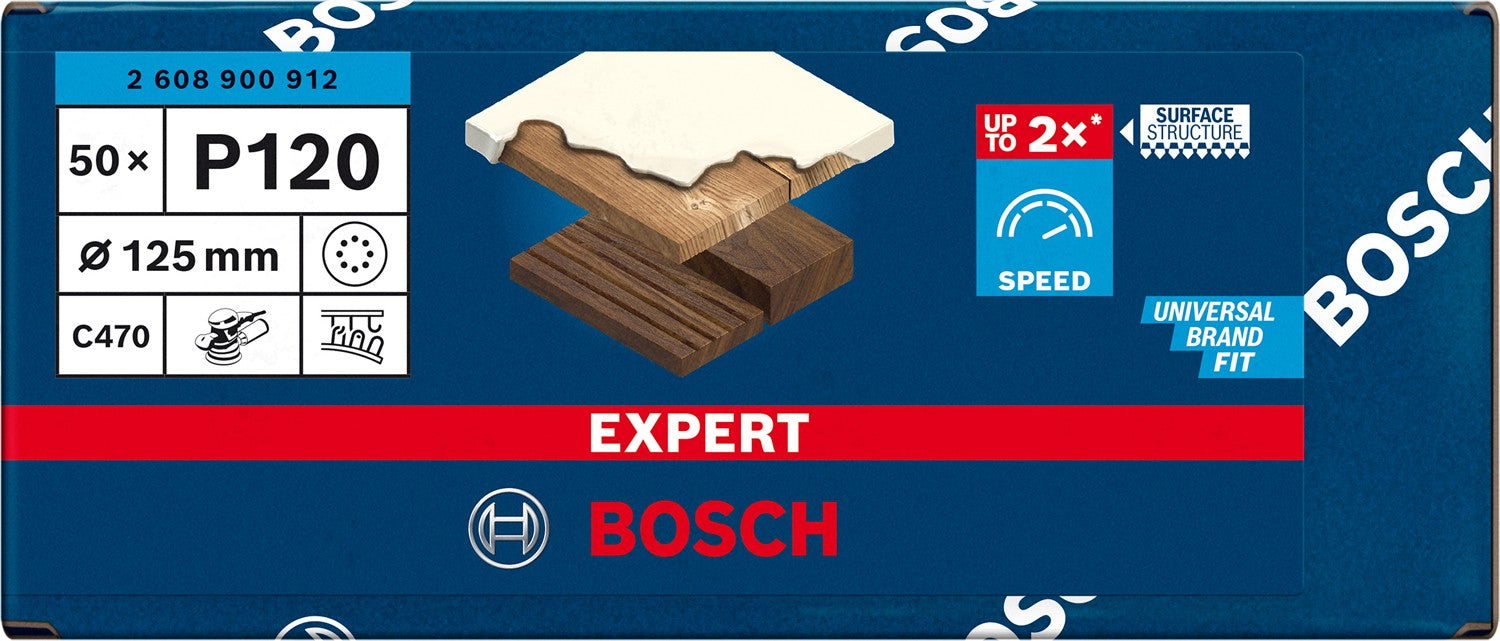 2608900912 - KIT 50 FOGLI BOSCH C470 , D.125mm P.120 8 FORI, EXPERT for LEGNO+VERNICE