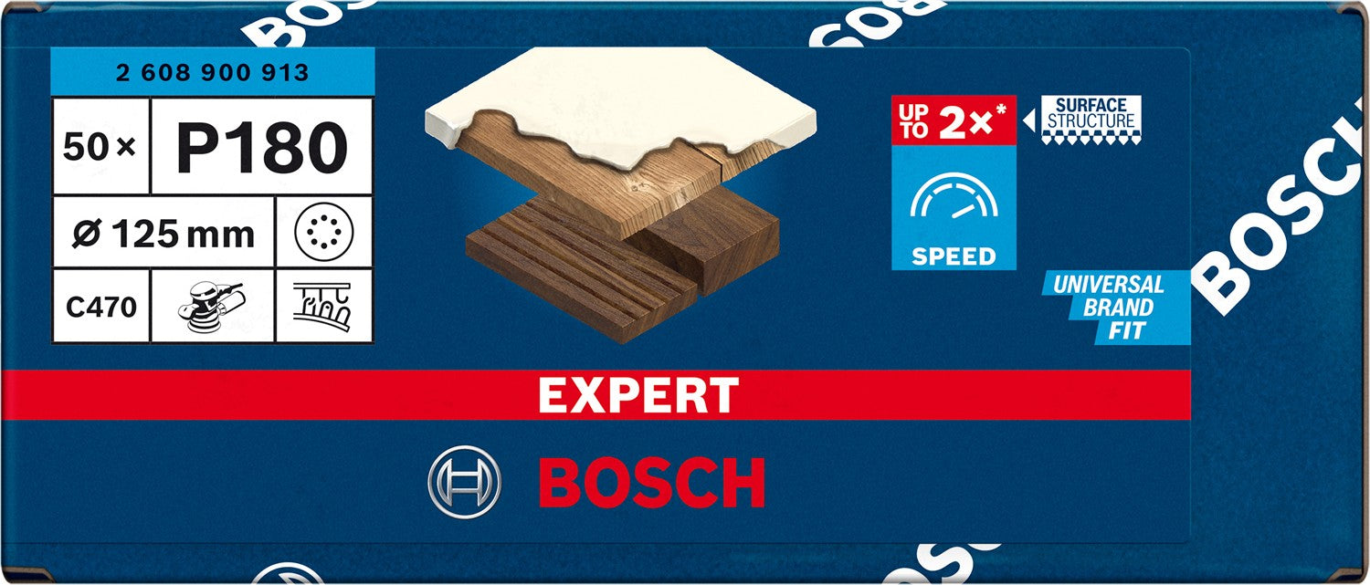 2608900913 - KIT 50 FOGLI BOSCH D.125mm P.180 8 FORI , EXPERT for LEGNO+VERNICE