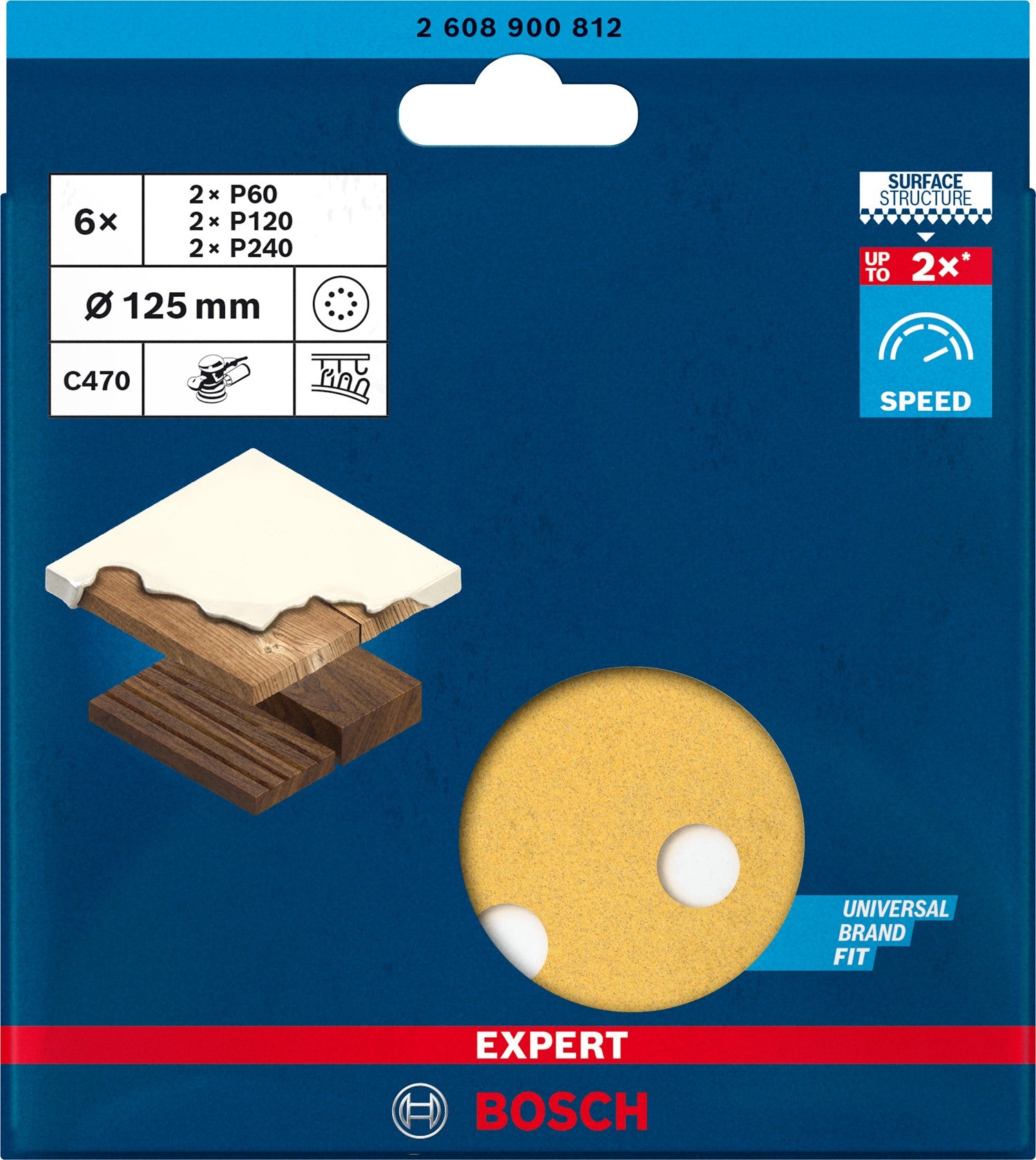 2608900812 - KIT 6 FOGLI BOSCH D.125mm GRANE ASSORTITE 8 FORI , EXPER for LEGNO+VERNICE