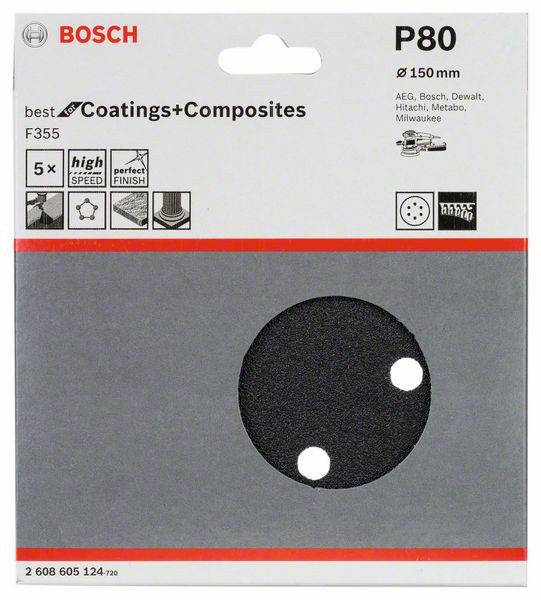 2608605124 - Fogli abrasivi F355, confezione da 5 pz. 150 mm, P80