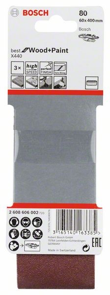 2608606002 - Set di nastri abrasivi da 3 pz. X440 60 x 400 mm, P80, BEST for LEGNO+VERNICE