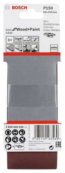 2608606020 - Set di nastri abrasivi da 3 pz. X440 65 x 410 mm, P150, BEST for LEGNO+VERNICE