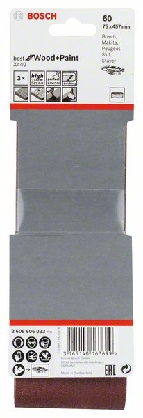 2608606033 - Set di nastri abrasivi da 3 pz. X440 75 x 457 mm, P60, BEST for LEGNO+VERNICE