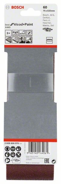 2608606070 - Set di nastri abrasivi da 3 pz. X440 75 x 533 mm, P60, BEST for LEGNO+VERNICE