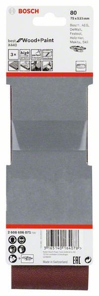 2608606071 - Set di nastri abrasivi da 3 pz. X440 75 x 533 mm, P80, BEST for LEGNO+VERNICE