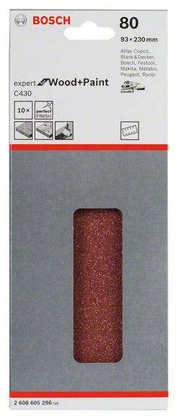 2608605296 - Set 10 fogli abrasivi C430, 93 x 230 mm, P80, EXPERT for LEGNO+VERNICE