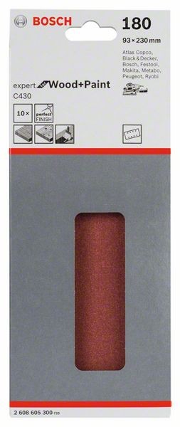 2608605300 -Set 10  Fogli abrasivi C430, 93 x 230 mm, P180, EXPERT for LEGNO+VERNICE