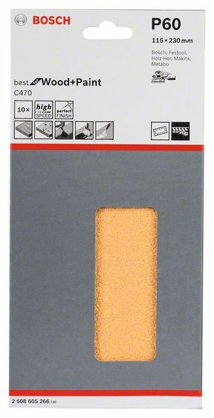 2608605266 - Set 10 fogli abrasivi C470 , 115mm X 230mm ,P60. BEST for LEGNO+VERNICE