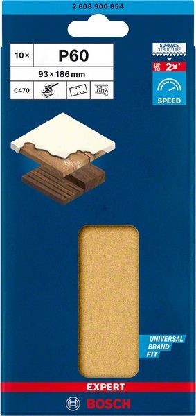 2608900854 - Set 10 fogli abrasivi C470 , P60, 93 x 186mm , EXPERET for LEGNO+VERNICE