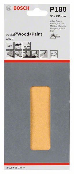 2608605229 - Sert 10 fogli abrasivi C470 , P180, 93 X 230mm , BEST for LEGNO+VERNICE