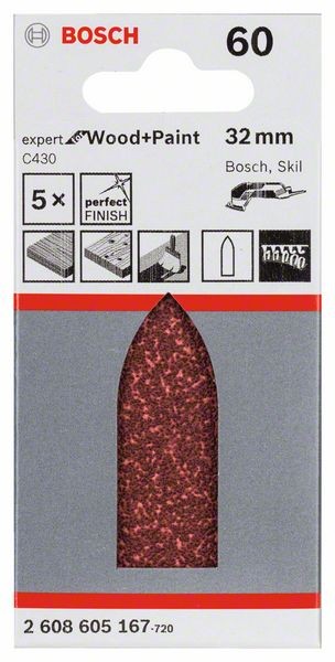 2608605167 - Set 5Fogli abrasivi C430, 32 mm, P60, EXPERT for LEGNO+VERNICE