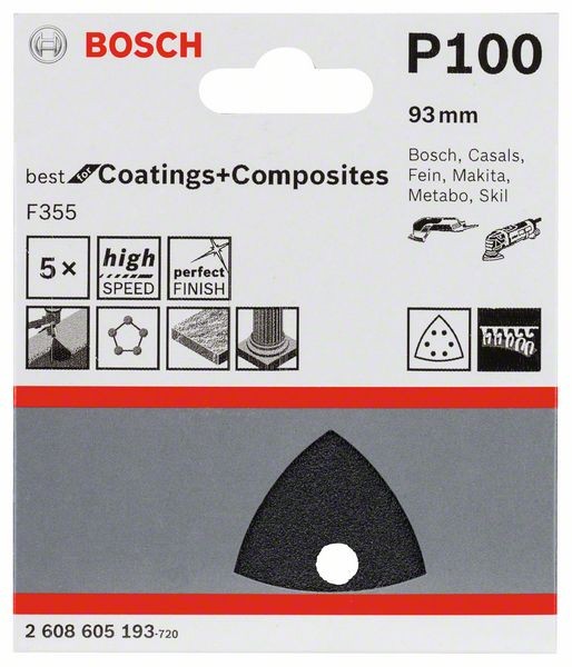 2608605193 - Set 5 Fogli abrasivi F355, 93 mm, P100. BEST for materiali plastici+compositi