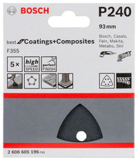 2608605196 - Set 5 Fogli abrasivi F355, 93 mm, P240, BEST for MATERIALI PLASTICI+PIETRE DURE