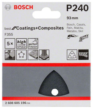 2608605196 - Set 5 Fogli abrasivi F355, 93 mm, P240, BEST for MATERIALI PLASTICI+PIETRE DURE