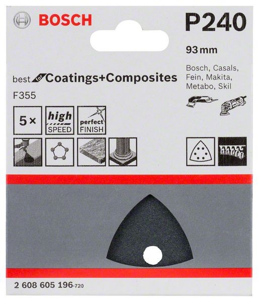 2608605196 - Set 5 Fogli abrasivi F355, 93 mm, P240, BEST for MATERIALI PLASTICI+PIETRE DURE