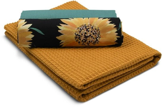 Set109 tessuto wafel piqué + set di stoffe in cotone georgette coordinato colore zafferano su nero