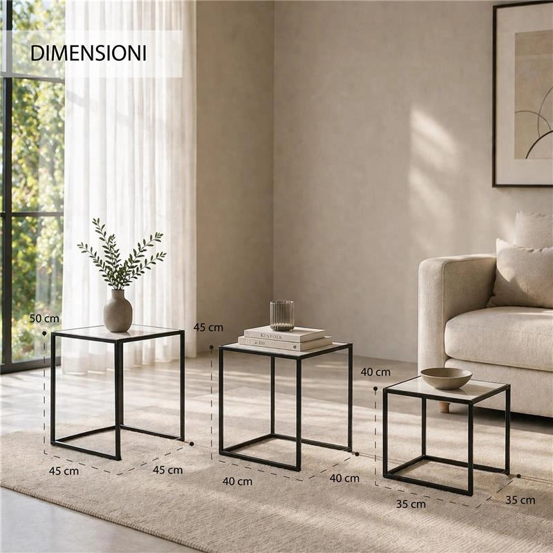 SET DI TRE TAVOLINI QUADRATI CONSTRUTTURA IN METALLO NERO E TOP IN MDF EFFETTO MARMO MISURE: 35X40CM, 40X45CM, 45X50CM
